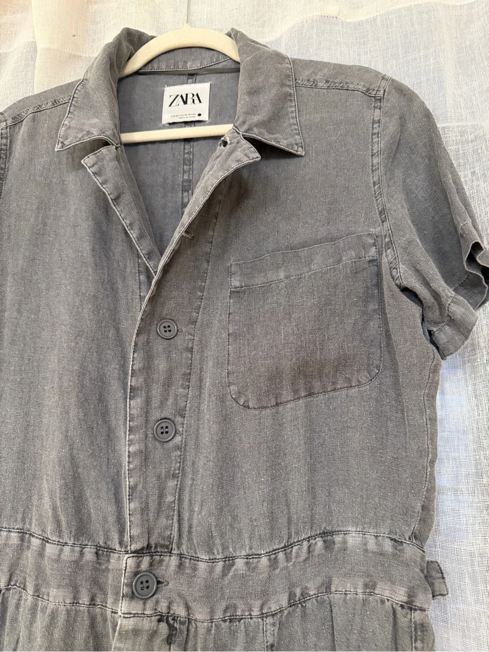 Zara 100% Linen Gray Short-Sleeve Utility Jumpsuit
